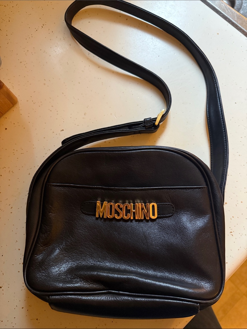Moschino Black Leather Messenger Bag with Gold Logo
